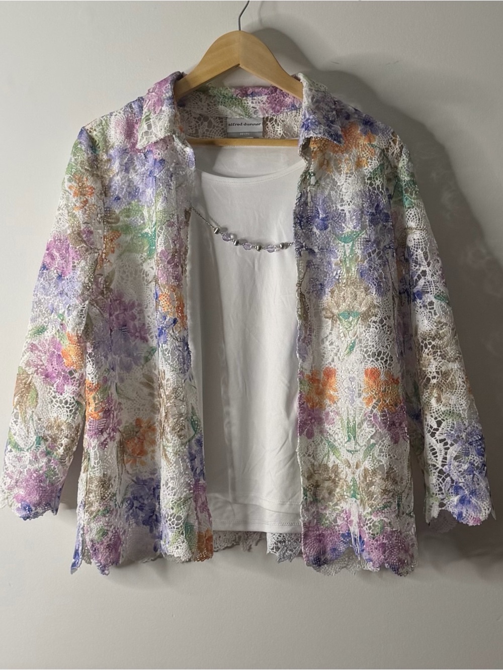 Lace Floral Button-Up Jacket in White with Pastel Accents
